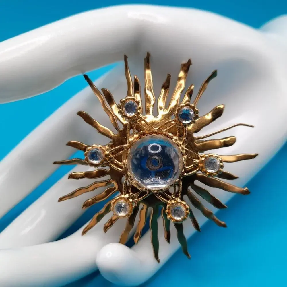 Vintage Celestial Golden Brass Brooch, Clear Cabochons, Early Mid-Century